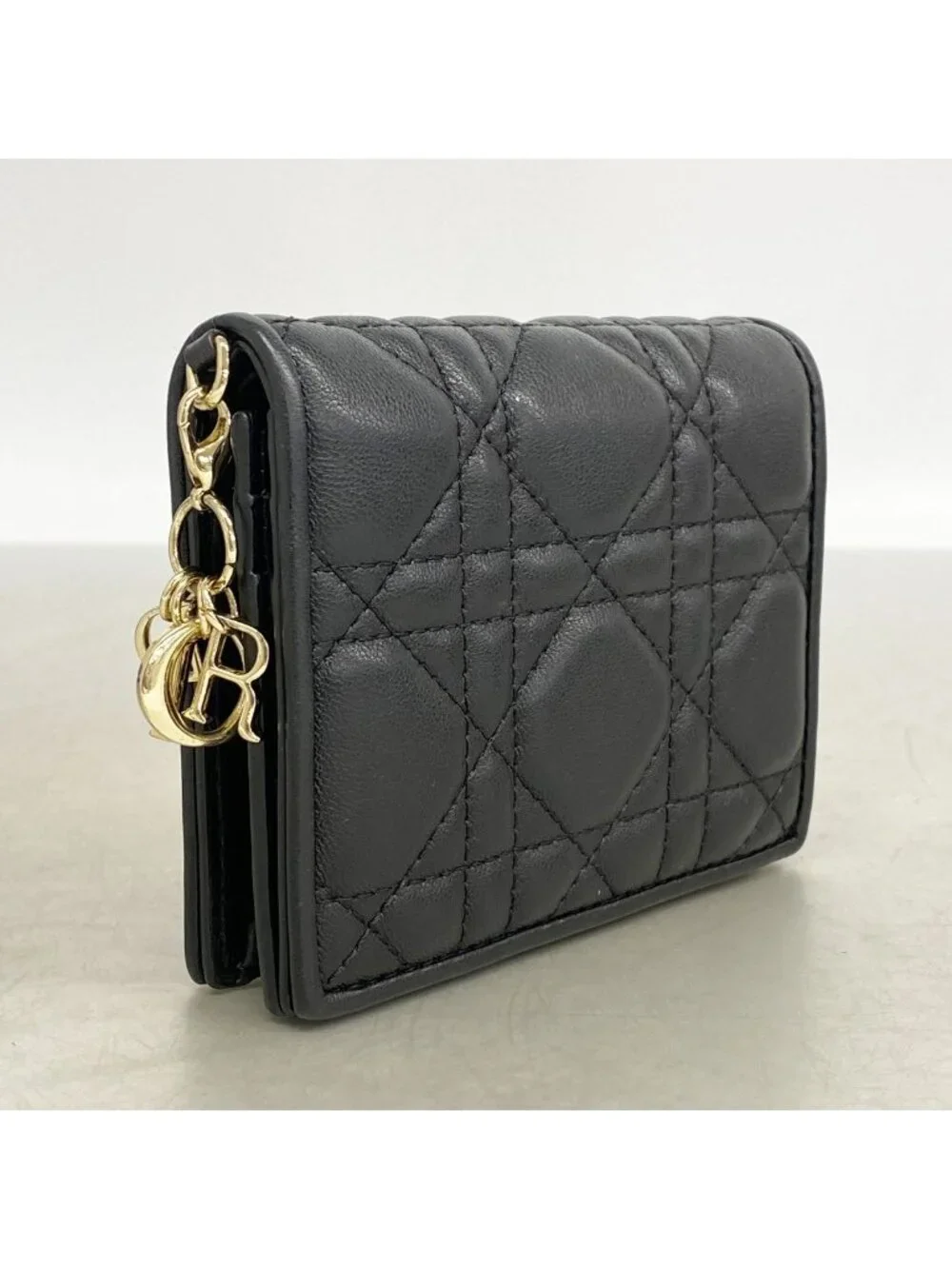 Dior Wallet Cannage Leather Black Champagne Gold